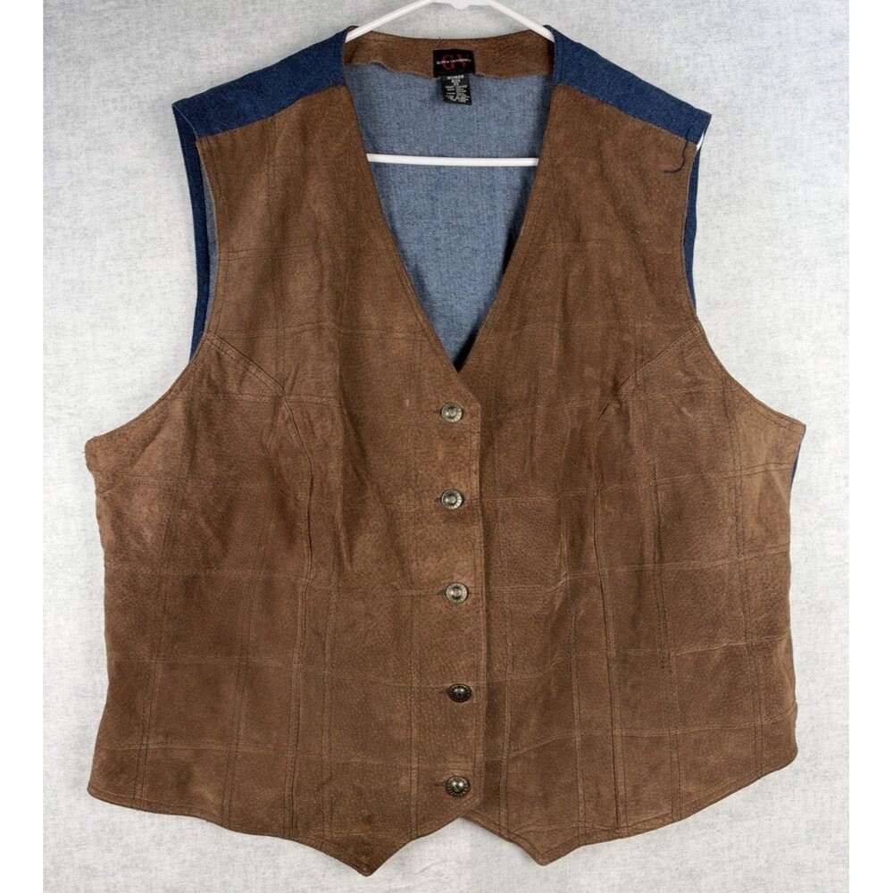 Vintage Gloria Vanderbilt Women’s 2X Leather Front Vest Blue Denim Back Western